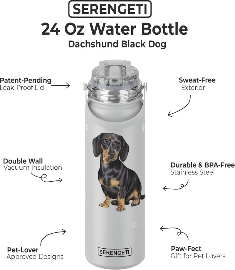 ES Pets SERENGETI 24 Oz Water Bottle Stainless Steel with Spill Proof Lid - Double walled Vacuum Insulated water flask - Realistic 3D Print of your favorite dog (Dachshund Black) - Image 1